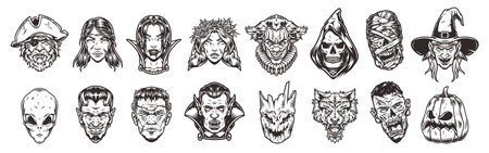 Halloween monsters set stickers monochromeのイラスト素材