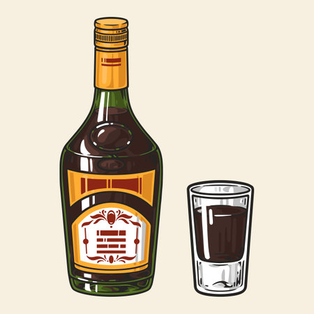 Liquor drink detailed label colorful bottle and glass filled with intoxicating beverage made from natural fruits or herbs vector illustrationのイラスト素材