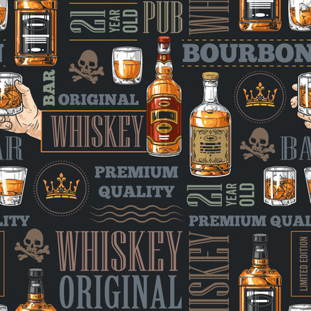 Whiskey drink colorful seamless pattern with bottles and glasses among inscriptions bourbon premium quality and 21 year old vector illustrationのイラスト素材