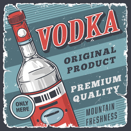Bottle of vodka vintage sticker colorful with strong alcoholic drink near slogans original product and mountain freshness vector illustrationのイラスト素材
