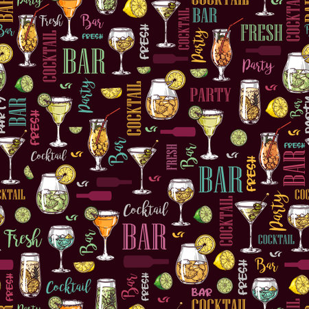 Cocktail bar colorful seamless pattern with glasses with cold refreshing drinks with addition of alcohol for fun holiday vector illustrationのイラスト素材
