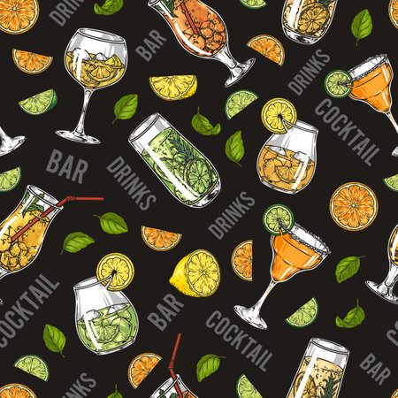 Bar drink colorful seamless pattern with delicious alcoholic cocktails and cold fruit lemonade made from natural ingredients vector illustrationのイラスト素材