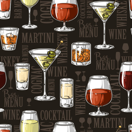 Alcoholic drinks colorful pattern with glassfuls for martini or whiskey and shot glasses with tequila or liquor vector illustrationのイラスト素材