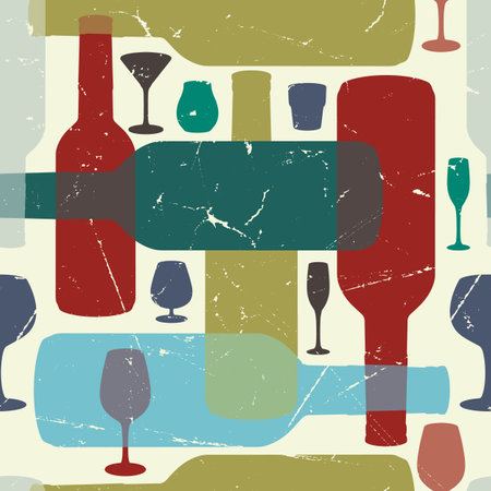 Wine drink seamless pattern colorful with translucent silhouettes of bottles and glasses for winery design in grunge style vector illustrationのイラスト素材