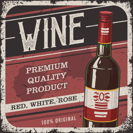 Red wine colorful vintage poster with bottle of bardot or sauvignon and inscription premium quality product vector illustrationのイラスト素材