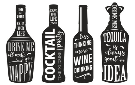 Alcohol bottles set stickers monochromeのイラスト素材