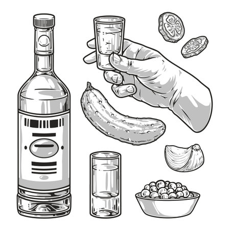 Vodka alcohol monochrome set stickersのイラスト素材
