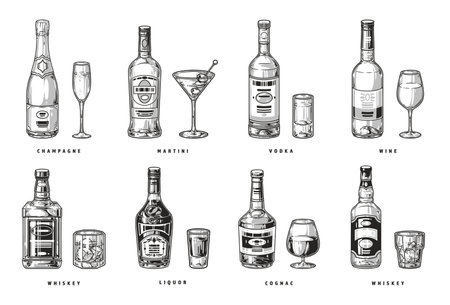 Assortment alcohol beverages monochrome stickerのイラスト素材