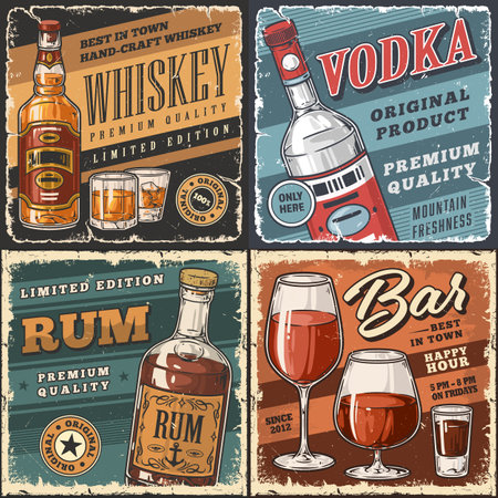 Alcoholic drinks colorful set postersのイラスト素材