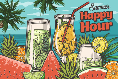 Beach cocktails colorful vintage posterのイラスト素材