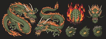 Green dragon set emblems colorfulのイラスト素材