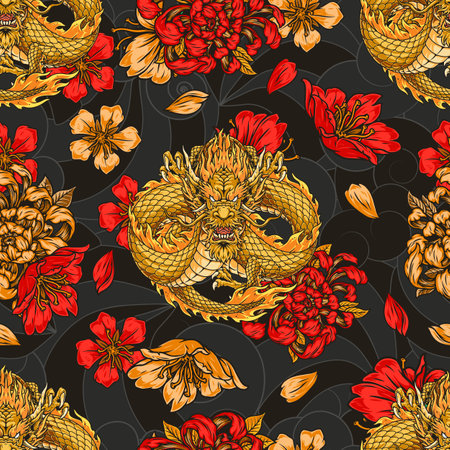 Eastern dragons colorful pattern seamlessのイラスト素材