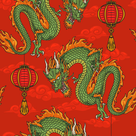 Flying dragons colorful seamless patternのイラスト素材