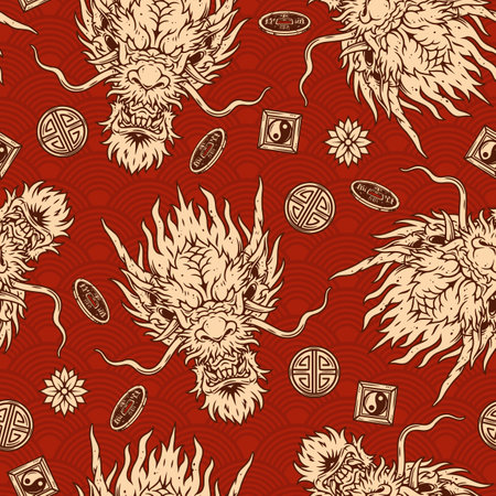 Chinese dragons colorful seamless patternのイラスト素材