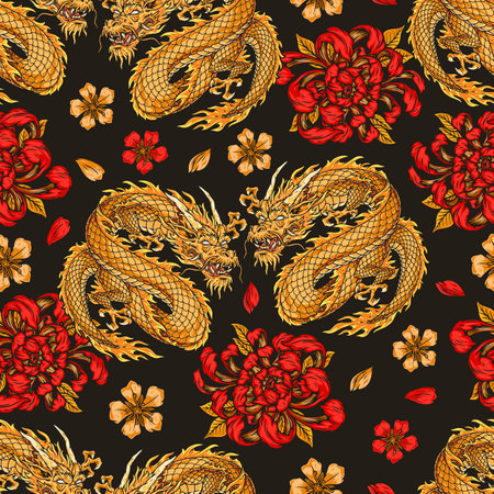 Flying dragons colorful pattern seamlessのイラスト素材