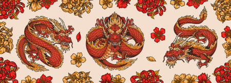 Asian red dragons colorful bannerのイラスト素材