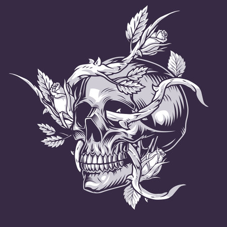 Floral skull vintage emblem monochromeのイラスト素材