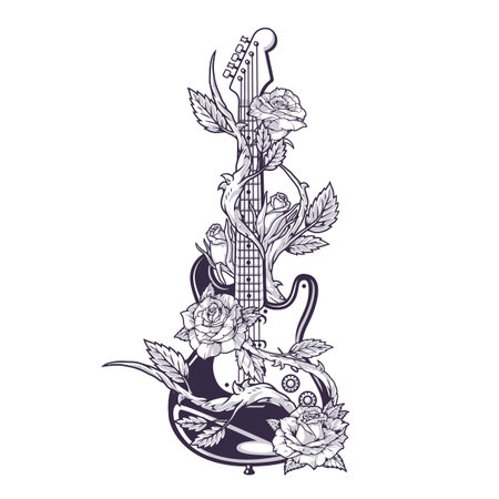 Guitar with flowers sticker monochromeのイラスト素材