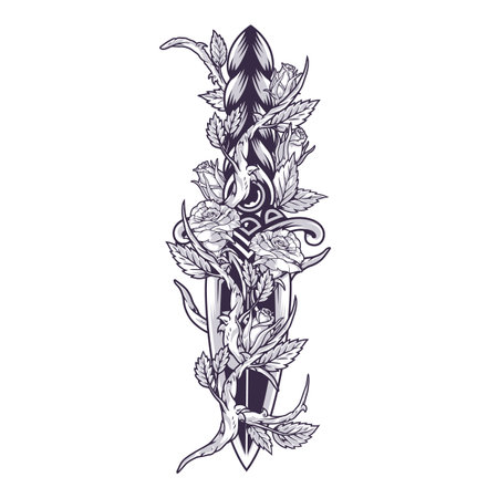 Floral knife vintage emblem monochromeのイラスト素材