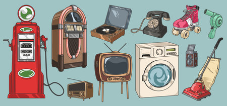 Retro equipment colorful set stickerのイラスト素材