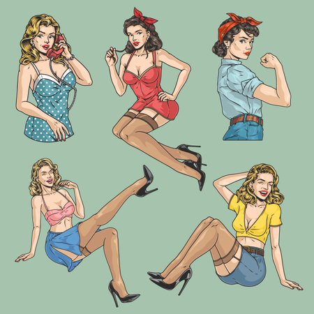 Pin-up girls colorful set stickerのイラスト素材