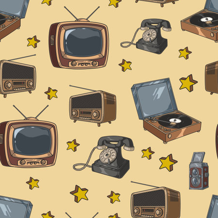 Retro electronics seamless pattern colorfulのイラスト素材