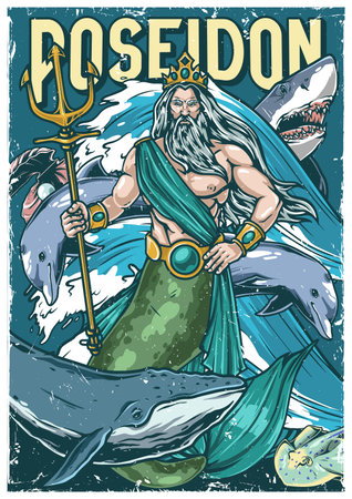 God Poseidon vintage sticker colorfulのイラスト素材