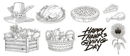Thanksgiving day monochrome set labelsのイラスト素材