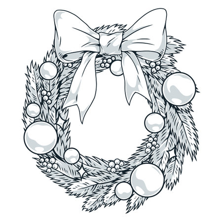 Christmas wreath vintage sticker monochromeのイラスト素材
