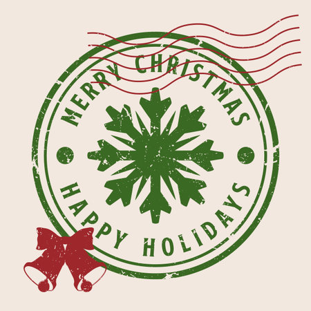 Merry Christmas vintage sticker colorful with snowflake and holiday bells for envelope design for letter to Santa Claus vector illustrationのイラスト素材