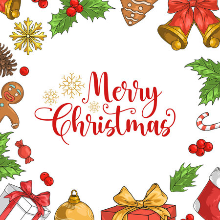 Merry Christmas greeting poster colorful with New Year toys and sweets for gift packaging design for yule vector illustrationのイラスト素材