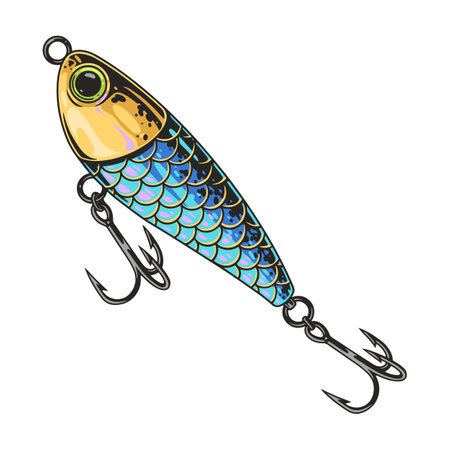 Colorful fishing lure with shiny scales and hooksのイラスト素材
