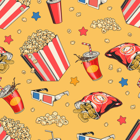 Colorful popcorn and snack pattern for film loversのイラスト素材