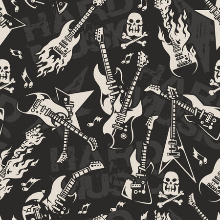 Rock guitar pattern with skulls and flames designのイラスト素材