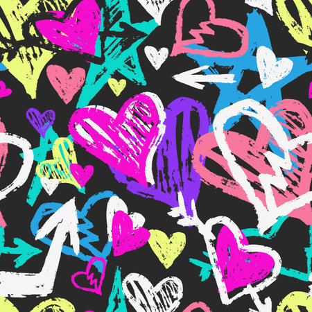 Vibrant hearts and stars create a playful patternのイラスト素材