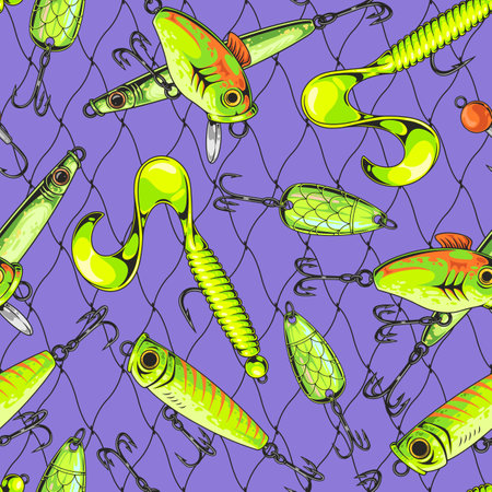Colorful fishing lures on vibrant backdropのイラスト素材