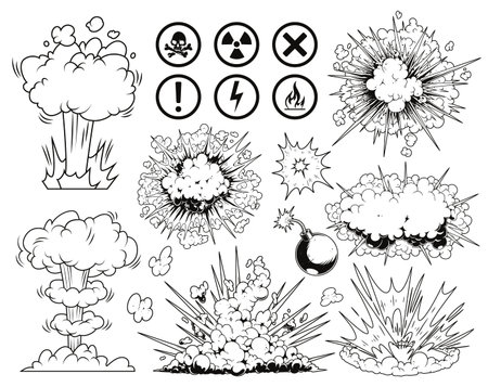 Explosions and hazard symbols in black and white