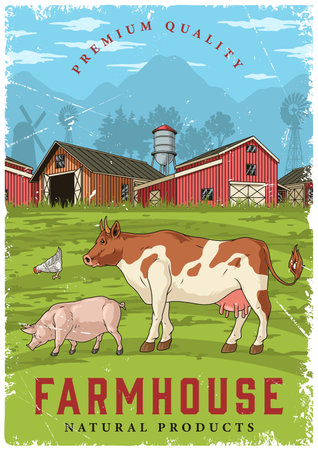 Farmhouse with animals in the countrysideのイラスト素材