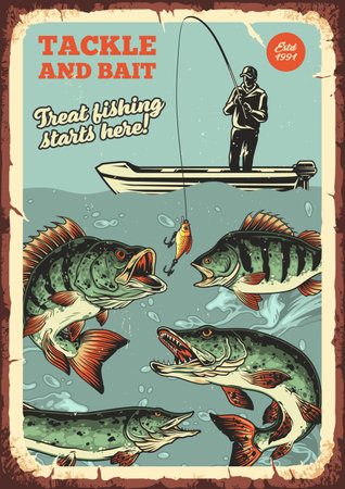 Fishing adventure in a nostalgic style posterのイラスト素材