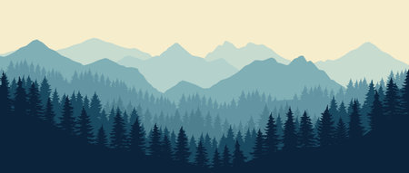 Tranquil forest landscape with mountain backdropのイラスト素材