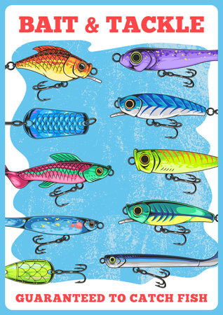 Vibrant fishing lures for sale by waterのイラスト素材