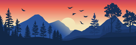Stunning sunset over mountains and treesのイラスト素材