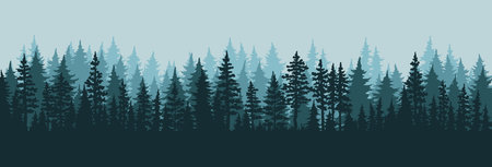 Lush evergreen forest landscape at duskのイラスト素材