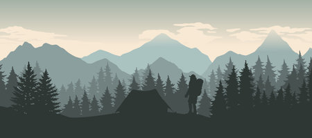 Sunset camping in the mountains with hiking gearのイラスト素材