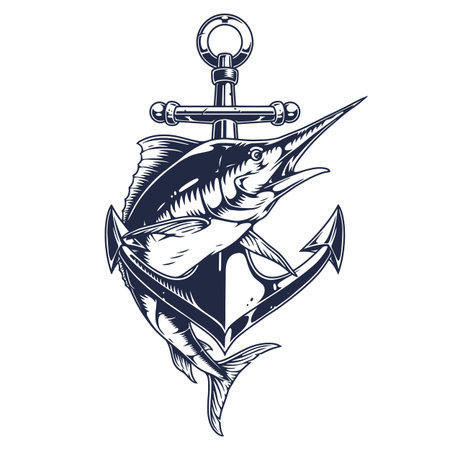 Swordfish leaping from anchor in nautical artworkのイラスト素材