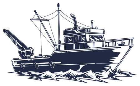 Fishing vessel navigating through waters at sunsetのイラスト素材