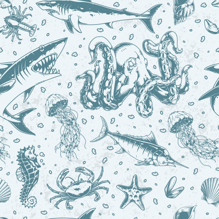 Intricate sea life patterns in blue tonesのイラスト素材