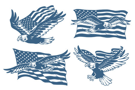 Eagles soaring with American flags in designのイラスト素材