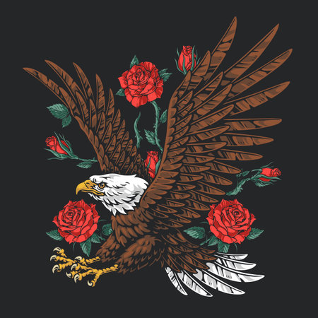 Eagle surrounded by red roses in detailed artworkのイラスト素材