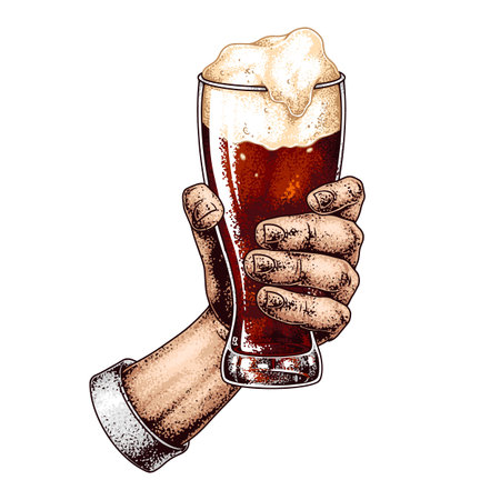 Hand holding a frothy glass of beerのイラスト素材